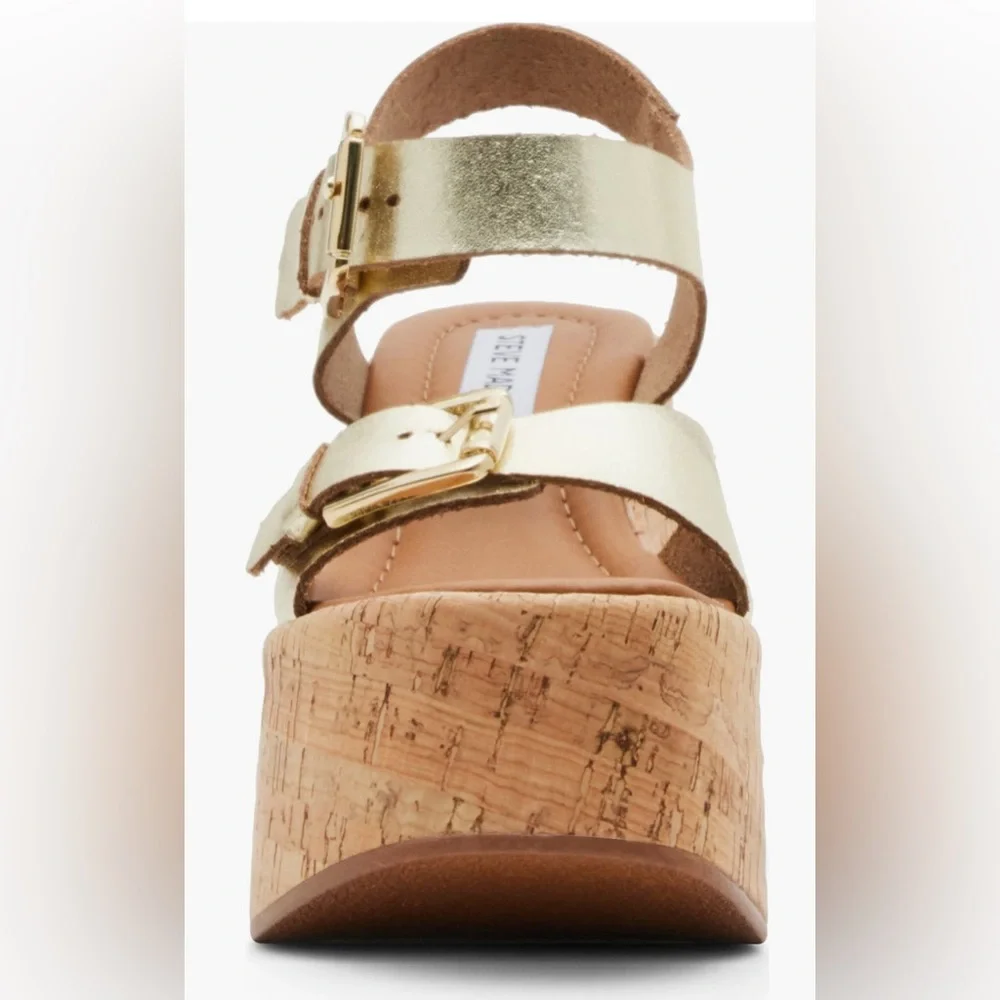 Steve Madden Cork-Textured Platform Wedge Sandals Gold Leather SZ 9 - Picture 5 of 15